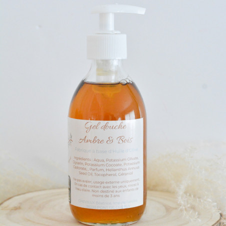 Savon liquide artisanal gel douche à l'huile d'olive - peau douce - odeur d'ambre et de sous bois - masculin et mixte