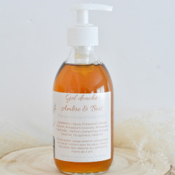 Savon liquide artisanal gel douche à l'huile d'olive - peau douce - odeur d'ambre et de sous bois - masculin et mixte